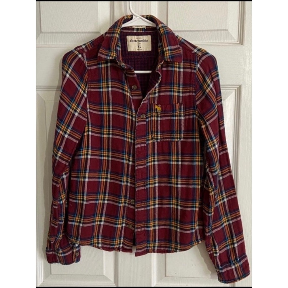 Abercrombie Kids XL Muscle Fit Plaid Button Down Shirt Burgundy Navy Yellow